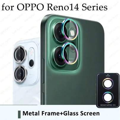 适用于 OPPO Reno 14 / Reno 14 Pro 的单片摄像头钢化玻璃保护膜，彩色、黑色、银色金属边框可选，安装简便快捷，有效保护摄像头。