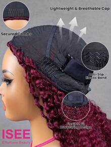 ISEE Half Wig ISEE 99J Burgundy Color Pre-Styled Human Hair Glueless Wigs Upgrade 3 IN 1 Half Wig With Drawstring Seamless Clip Ins Flip Over Kinky Curly Human Hair No Glue No Lace For Women 180% Density 14-28 Inch - S99J - View 3