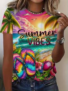 Plus Size, Women's Large Tropical Hawaiian Hibiscus & Summer Vibes All-Over Print Tunic T-Shirt - 3D Full-Body Short Sleeve Round Neck Casual Beachwear, Hawaiian Shirt For Women, Machine Washable & Comfortable For Summer, Spring, Fall - Turquoise Palm Tree & Hibiscus Design, Relaxed Fit For Vacation & Casual Attire, Suitable For Warm Weather, No Transparency, Regular Fit, Short Sleeve, Pullover Style - 彩色 - 查看 1