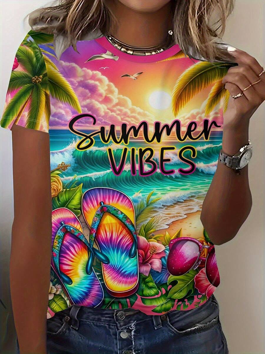 Plus Size, Women's Large Tropical Hawaiian Hibiscus & Summer Vibes All-Over Print Tunic T-Shirt - 3D Full-Body Short Sleeve Round Neck Casual Beachwear, Hawaiian Shirt For Women, Machine Washable & Comfortable For Summer, Spring, Fall - Turquoise Palm Tree & Hibiscus Design, Relaxed Fit For Vacation & Casual Attire, Suitable For Warm Weather, No Transparency, Regular Fit, Short Sleeve, Pullover Style - 彩色 - 查看 1