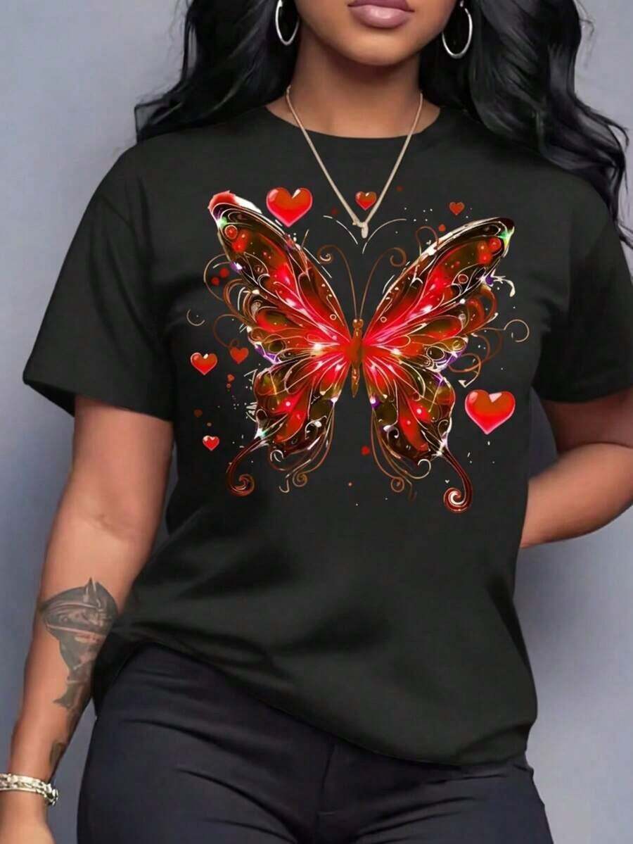 Playera con estampado de mariposa y corazones, playera con tacto algodón, con colores llamativos, ideal para uso diario, moderno, holgado, cuello redondo, manga corta, ideal para ti - Negro - Ver 1