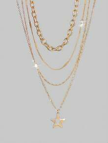 4件套 时尚金色复古简约星星吊坠项链首饰套装 - 金色 - 查看 2