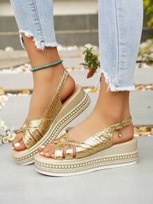 Women's Thick Sole Platform Sandals, Versatile For Teenagers, Summer - Gold - View 6