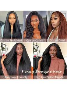 蓬松直发蕾丝前假发，真人发混纺，13x4 Yaki直发，预先拔毛，带婴儿发，180%密度，10-30英寸Yaki假发（混纺假发 - 真人发和合成纤维混合），真人发混纺假发/女士真人发混纺假发/真人发混纺蕾丝前假发/无胶假发/漂白发结/预先拔毛/蕾丝假发/女士礼物/圣诞装饰/圣诞礼物 - 自然色&黑色系 - 查看 6