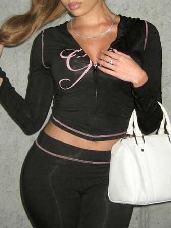 Conjunto de chándal casual de estilo callejero para mujer FQLWL, sudadera con capucha y pantalones estampados con cremallera, conjunto de 2 piezas de manga larga