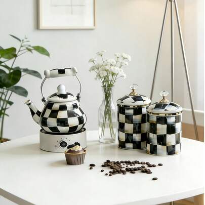 Middle Eastern Retro Style + Black & White Checkerboard Pattern / Gold Accents + Rounded Body + Heat-Resistant Wooden Handle + Aroma Lock + Black & White Checkerboard Coffee Pot Set + Suitable For Gatherings, Guests, Home Afternoon Tea, Daily Storage