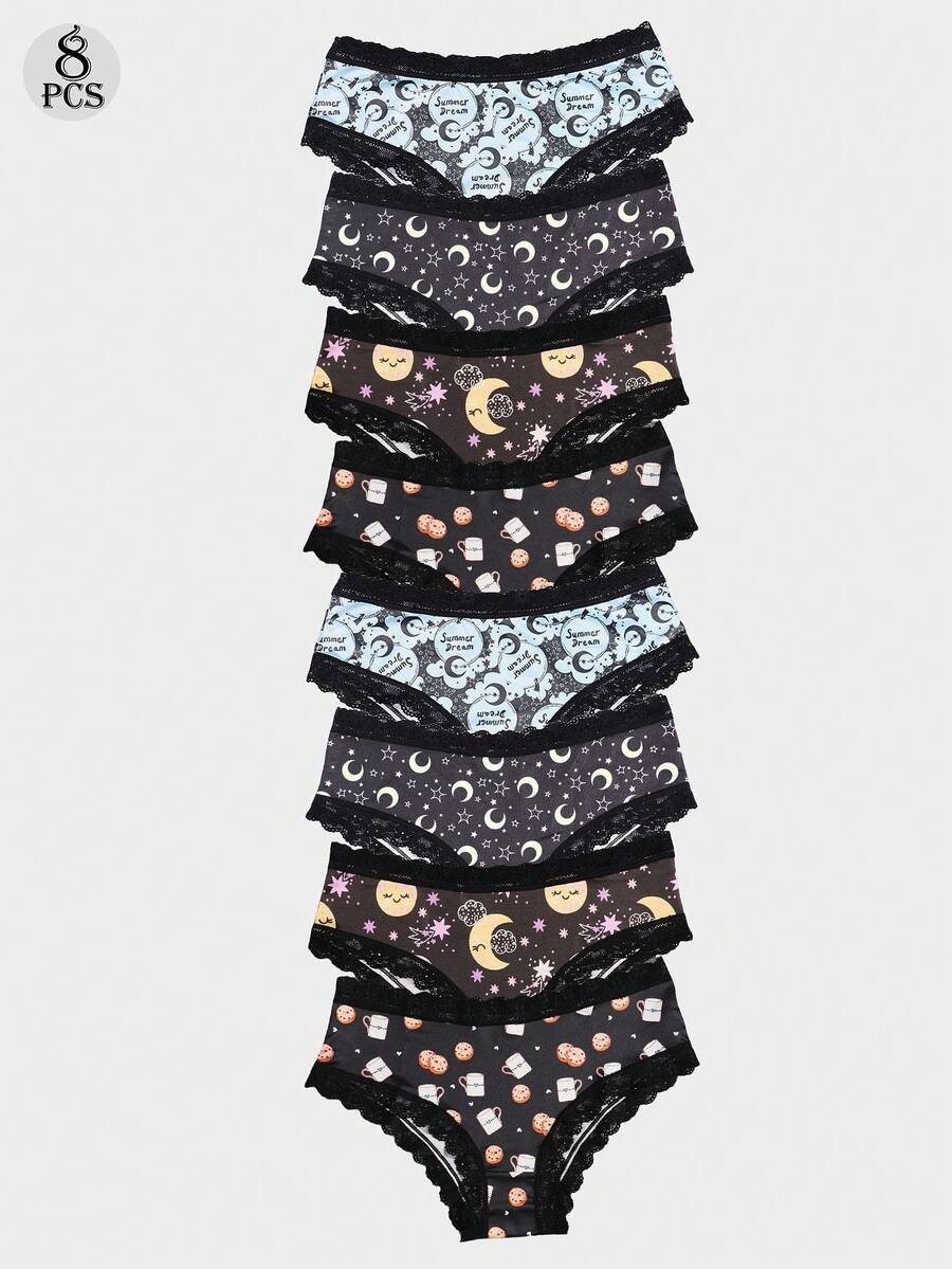 Dircho 8条装女士印花内裤 – 月亮、星星、咖啡和饼干图案，蕾丝边饰，柔软舒适面料 | 日常内衣 - 彩色 - 查看 1
