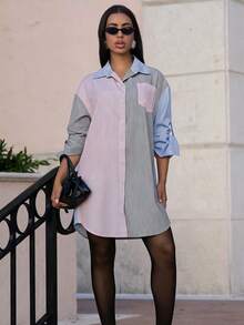 Robe élégante à manches longues, col chemise, poche, style de rue, mode printemps femme, style décontracté, rayures, color-block, patchwork - Rose et gris - Voir 3