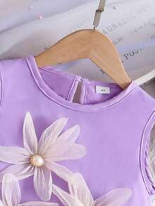 女童无袖圆领碎花层叠网纱下摆公主风连衣裙，春夏款 - 紫羅蘭色 - 查看 3