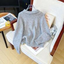 High-Quality Gray Turndown Collar Horn Button Sweater For Women, Solid Color Knitted Top For Home Wear, Autumn/Winter - Grey - View 7