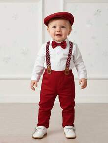 BOARNSEORL 3pcs Baby Boys Gentleman Outfit Set: Long Sleeve Bodysuit With Bow Tie, Overalls With Suspenders, And Hat, Fashionable And Dapper For Birthday Party, Wedding, 1st Birthday, Christmas Party - Red - View 1