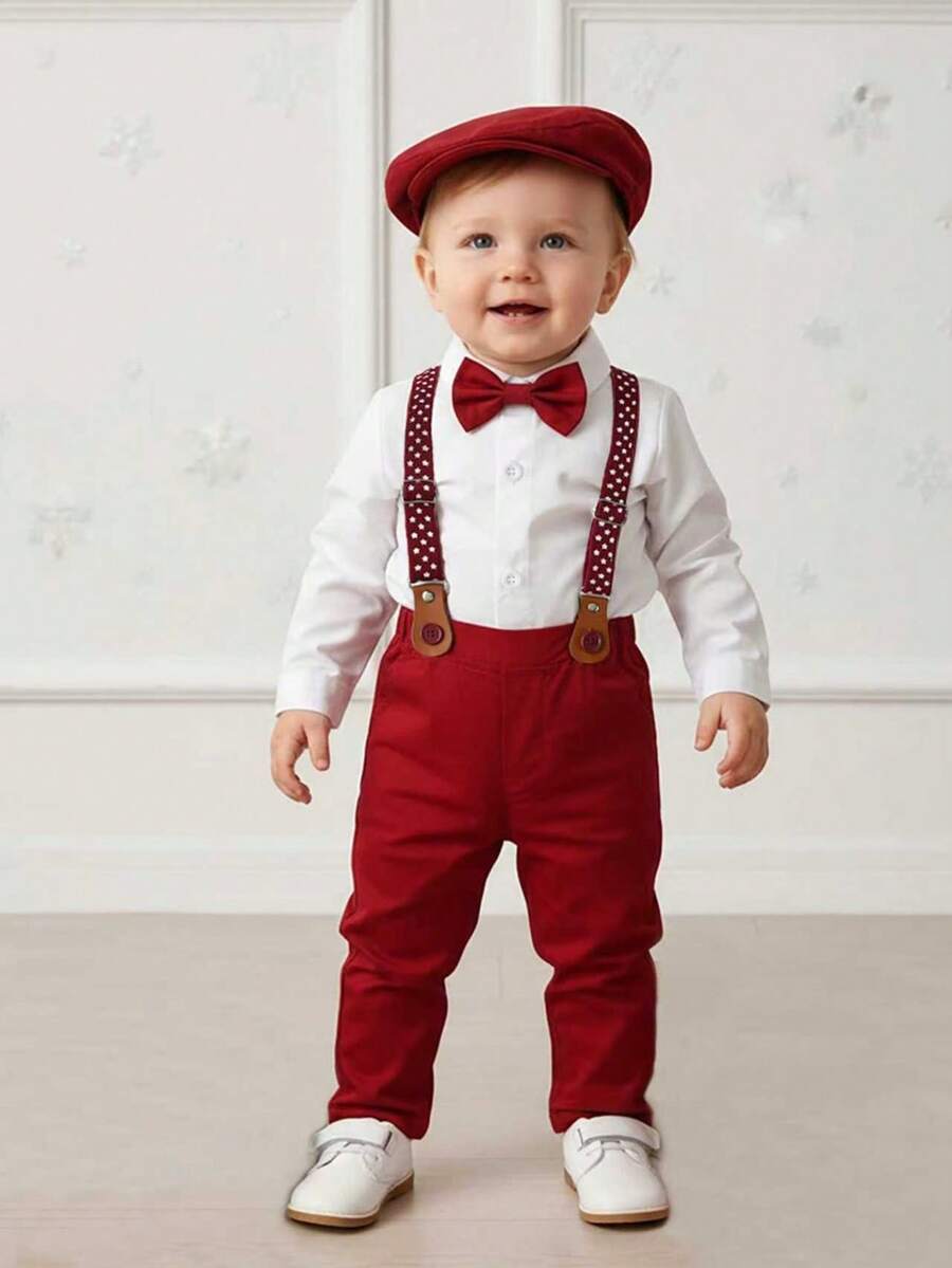 BOARNSEORL 3pcs Baby Boys Gentleman Outfit Set: Long Sleeve Bodysuit With Bow Tie, Overalls With Suspenders, And Hat, Fashionable And Dapper For Birthday Party, Wedding, 1st Birthday, Christmas Party - Red - View 1