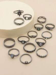 15 piezas Anillo piedra preciosa & con diseño de diamante de imitación - Negro de pistola - Ver 2