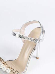 French Style Transparent High Heel Sandals, Buckle Strap, Peep Toe, Pearls Decor, Versatile, Suitable For Spring And Summer - Silver - View 7