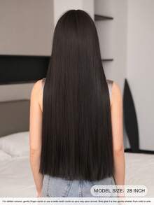 7JHH WIGS Tóc giả đen dài 28 inch dành cho nữ - Tóc giả thẳng bồng bềnh sang trọng với mái, sợi tổng hợp cao cấp chịu nhiệt màu đỏ tía, thích hợp sử dụng hàng ngày, cosplay & dự tiệc, quà tặng tốt nghiệp & quà tặng cho mẹ. - màu đen - Xem 4