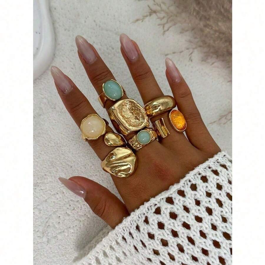 7pcs/Set Inlaid Acrylic Rings, Asymmetrical Hammered Texture Open Rings Set, Suitable For Party, Gift, Daily Wear - 金-1 - 查看 1