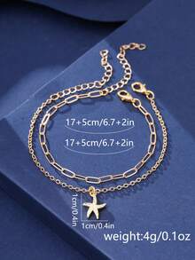 Nooxian 2件套时尚沙滩度假格子手链，回形针链条设计，搭配精致海星吊坠，双层女士手链套装 - 金黃色 - 查看 4