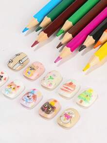 12pcs Water-Soluble Colored Pencils, Cartoon Graffiti Ins Style Hand-Painted Nail Art Pens 12 Colors Set, DIY Nail Painting Tools - Multicolor - View 2