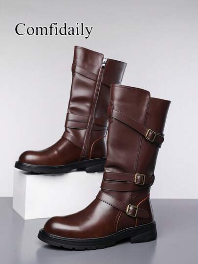 Men's Winter New Outdoor Leather Boots, Casual Versatile Motorcycle Boots, Solid Color Fashion Buckle Ankle Boots