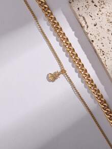 Nooxian 2pcs Fashion Beach Casual Gold Micro-Inlaid Zirconia Starfish & Shell Pendant Double-Layer Anklet Set, Suitable For Women Beach Holiday Casual Wear - Yellow Gold - View 2