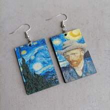 1 par de pendientes de madera con el patrón de pintura de la Noche estrellada y los Girasoles de Van Gogh - Multicolor - Ver 4