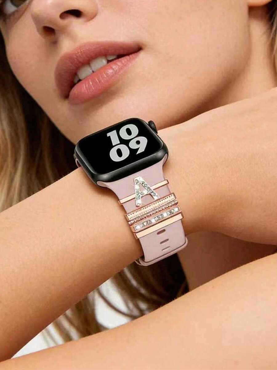 1套水钻字母38mm 40mm 41mm 42mm 44mm 45mm 49mm硅胶表带装饰表圈表扣 - 玫瑰金 - 查看 1