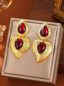 1 Pair Elegant Women's Fashion Heart Pendant Earrings, Inlaid Garnet Gemstone Dangle Earrings, Gift & Daily Wear - Multicolor - View 2