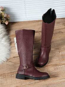 Minimalist Fashion Women's Long Boots, Anti-Slip Comfortable Versatile Square Buckle Decor British Style Plus Size Riding Boots - Burgundy - View 7
