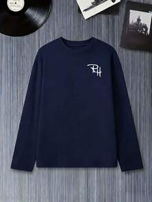 Minimal Logo T-Shirt, Casual, Long Sleeve, Street Style, Unisex, Perfect For Transitional Seasons, Spring, Early Fall, And Everyday Wear. 100% Cotton. Stylish. - 藏蓝色 - 查看 3