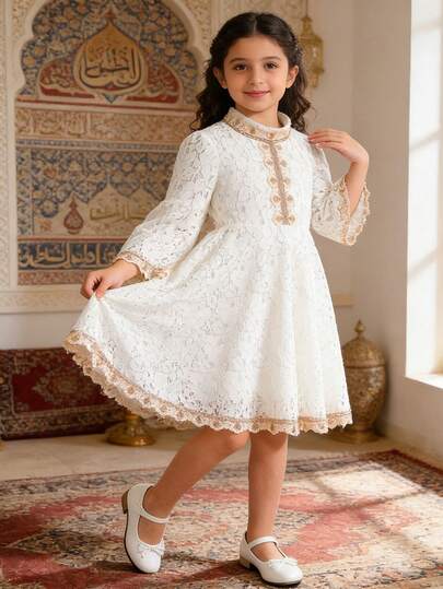 Little Girl Elegant White Lace Trim Princess Dress, Suitable For Wedding, Formal Occasion, Ball, Party, Flower Girl, Birthday, Vacation, Graduation, Summer