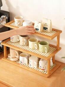1件装三层竹制厨房收纳架，多功能桌面杯架兼茶叶架，餐厅储物架，大容量调料架，餐具架，咖啡机及咖啡豆收纳架，瓶架，两种款式可选，防滴漏，透气防潮，适用于厨房、餐厅、咖啡厅、客厅桌面展示和收纳 - 彩色 - 查看 8