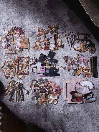 一套30个手工工坊系列文具燕尾夹，手册材料纸质镂空硬卡纸，适用于微型景观口袋书、粘贴在手册、日记本、行李箱、电脑、水杯、手机壳、冰箱、墙壁、头盔、橱柜、盒子、门、床、吉他、教室文具、学习用品等。