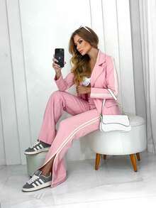 Lorenna Maiia Women's Blazer Suit Set With Wide-Leg Pants And Side Stripe - 淺粉色 - 查看 2