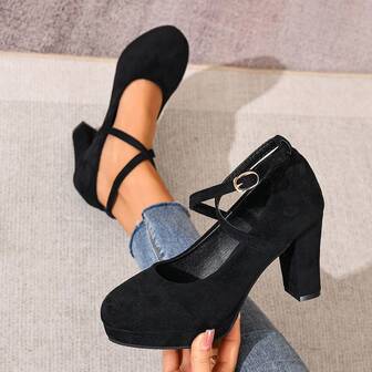 2025/0,98 tum klackhöjd damer preppy stil korsspänne enfärgade polyester festpumps, vår/höst