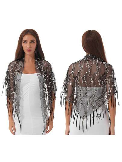 1件装女士亮片流苏不对称长披肩，亮片披肩，适合日常穿着