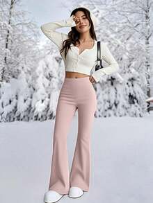Quần ống loe cạp cao dành cho nữ, quần legging dày dặn ấm áp cho tập thể dục mùa đông, quần yoga mềm mại màu hồng. - Hồng - Xem 3