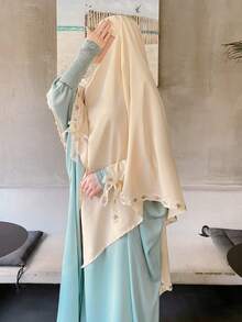 1pc Nida Fabric Solid Color Single Layer Tie-Up Convenient Prayer Jilbab Khimar With Bowknot Lace Design, Elegant & Suitable For Women's Daily Prayer & Outings, All Seasons - 彩色 - 查看 1