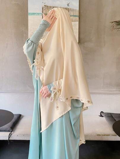 1 pieza Yilbab de tela Nida de unicolor de una sola capa con diseño de lazo y encaje en forma de moño, elegante y adecuado para la oración diaria y salidas de las mujeres, para todas las estaciones