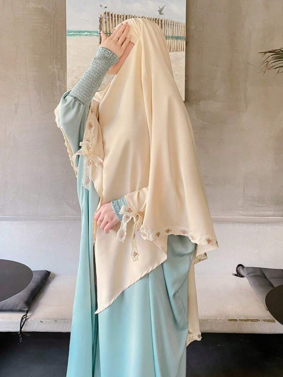 1pc Nida Fabric Solid Color Single Layer Tie-Up Convenient Prayer Jilbab Khimar With Bowknot Lace Design, Elegant & Suitable For Women's Daily Prayer & Outings, All Seasons - 彩色 - 查看 1