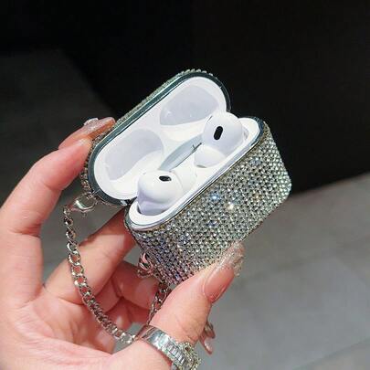 合金闪亮水钻2000年代时尚Y2K单件装银色水钻无线防摔耳机充电盒，兼容 Pro 2/4/3.5，带链条，兼容 Pro 3，生日礼物派对