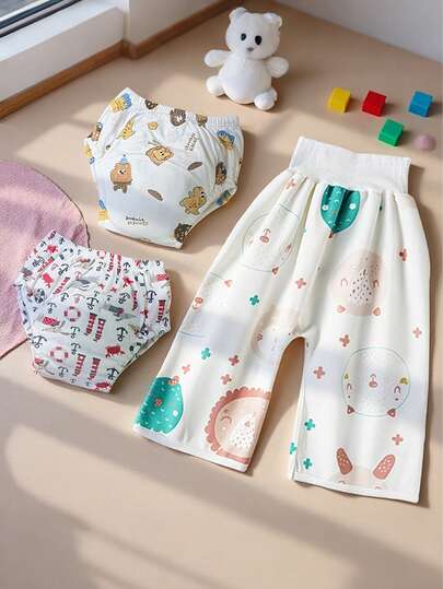 3-delars set (vattentät blöja + potträningsbyxor) Unisex läckagesäkra blöjor för baby, söta tryckta tvättbara träningsbyxor, potträningsassistent, bekväma och hållbara, lämpliga för alla årstider, perfekt present