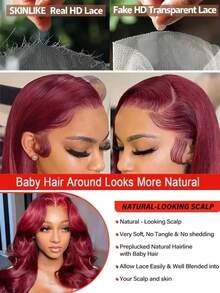 200% 密度 99j 酒红色水波纹人发混纺 13X4 蕾丝前额假发，女士专用，预先拔毛，大面积蕾丝前额假发，日常派对假发，自然发际线假发 - SBUG - 查看 6