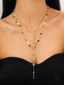 1 Set Vintage Luxury Emerald Snake Pendant Necklace, Green Gemstone Y-Necklace, Exotic Mysterious High-End Design Jewelry For Women, Suitable For Daily Commute, Gatherings With Friends, Fashion Shoots, Banquets, Vacation Decoration, Charming Gift - Dark Green - View 8