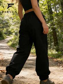 女士户外百搭休闲裤，黑色，多功能，防污，舒适透气，抽绳设计，九分裤长 - 黑色 - 查看 6