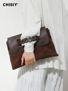 CHISIY 原创新款棕色大容量编织撞色拼布手拿包，休闲复古单肩包，绒面革和 PU 皮革，适用于通勤、上学、购物等场合 - 查看 3