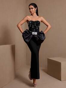 Damen Abendkleid mit Taillenschleife und Kunstperlen, strapless, für formelle Anlässe, Partys, Hochzeiten, Schwarz, Frühling - Schwarz - Übersicht 8