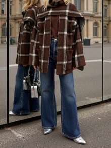 女士秋冬时尚欧式图案针织围巾，休闲短款外套 - 棕色 - 查看 11