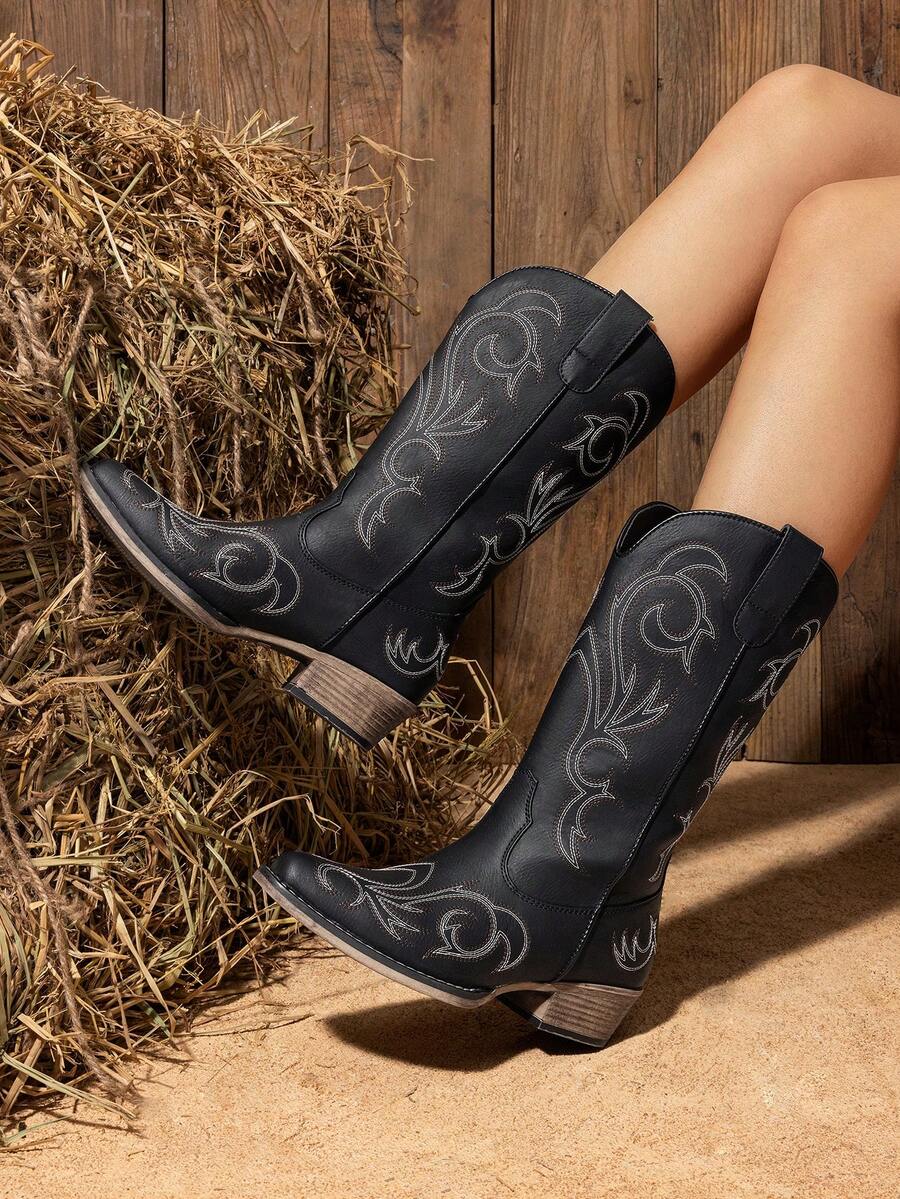 Botas de Vaquero para Mujer de Media Pantorrilla con Punta Cuadrada, Cowboy Boots para Dama con Tacón Grueso - Negro - Ver 1