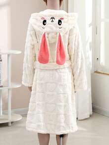 1pc Coral Fleece 3D Ear Rabbit Embroidered Hooded Bathrobe, Loungewear, Sleepwear, Soft, Absorbent, High-End, Suitable For Bathing, Pool, Bathroom, Gift - Multicolor - View 10