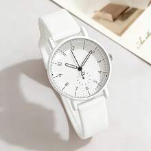 1 pieza Reloj de pulsera de cuarzo con correa de silicona elegante y fresca para mujer, regalo de estudiante, regalo de vacaciones, esfera con números arábigos - Blanco - Ver 3